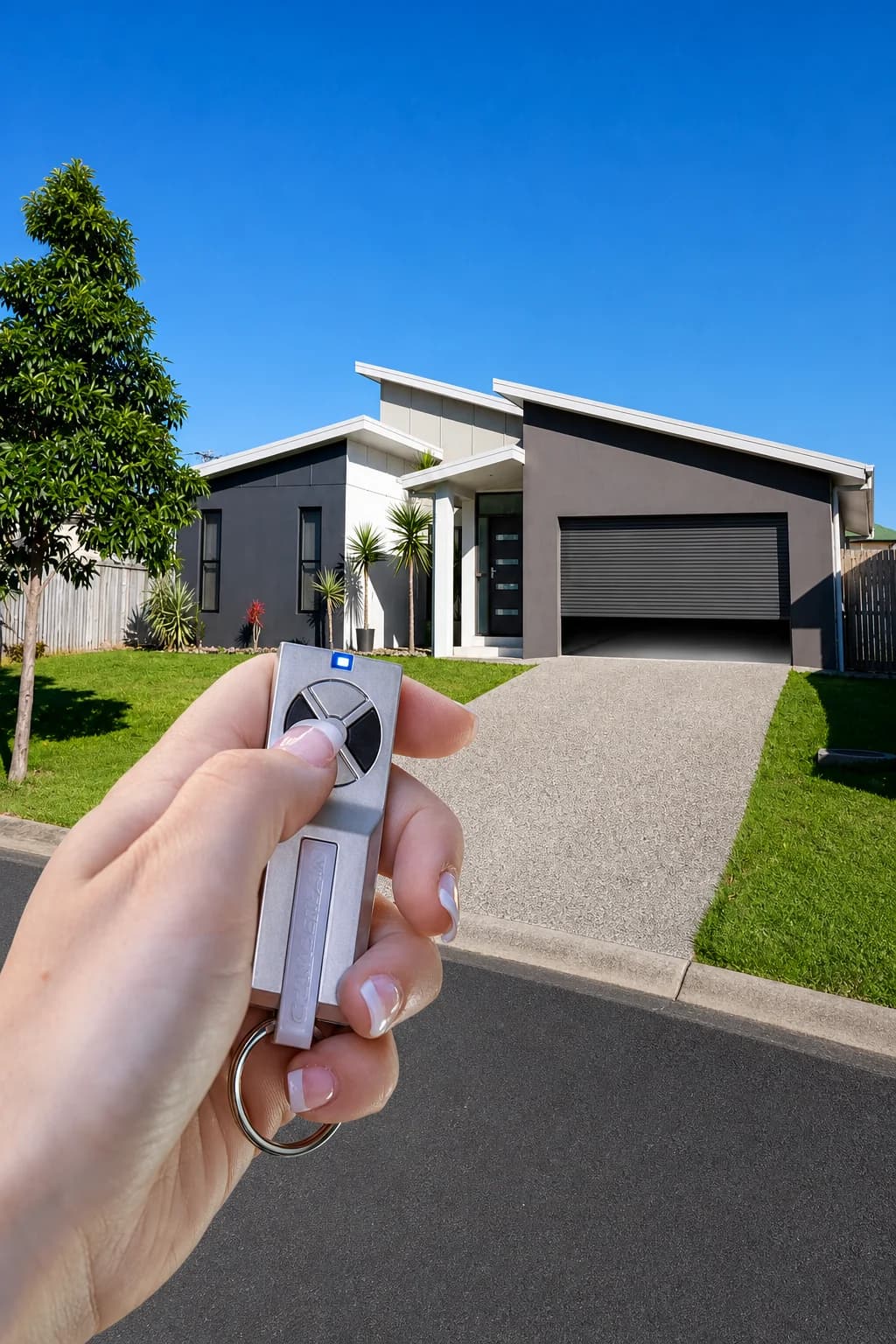 Garage door remote being used outside a home